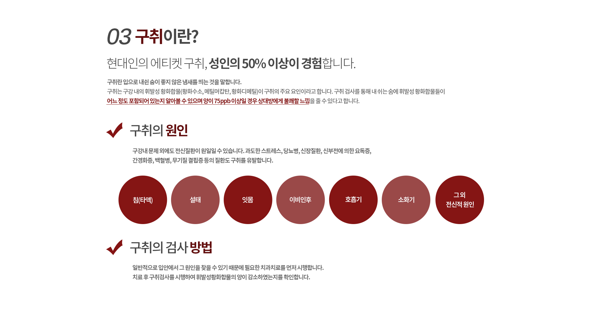 03. 구취란? 
		현대인의 에티켓 구취, 성인의 50% 이상이 경험합니다.
		구취란 입으로 내쉰 숨이 좋지 않은 냄새를 띄는 것을 말합니다. 구취는 구강 내의 휘발성 황화합물(황화수소, 메틸머캅탄, 황화디메틸)이 구취의 주요 요인이라고 합니다. 구취 검사를 통해 내 쉬는 숨에 휘발성 황화합물들이 어느 정도 포함되어 있는지 알아볼 수 있으며 양이 75ppb 이상일 경우 상대방에게 불쾌할 느낌을 줄 수 있다고 합니다.

		구취의 원인
		구강내 문제 외에도 전신질환이 원일일 수 있습니다. 과도한 스트레스, 당뇨병, 신장질환, 신부전에 의한 요독증, 
		간경화증, 백혈병, 무기질 결핍증 등의 질환도 구취를 유발합니다.  

		구취의 검사 방법
		일반적으로 입안에서 그 원인을 찾을 수 있기 때문에 필요한 치과치료를 먼저 시행합니다. 
		치료 후 구취검사를 시행하여 휘발성황화합물의 양이 감소하였는지를 확인합니다.